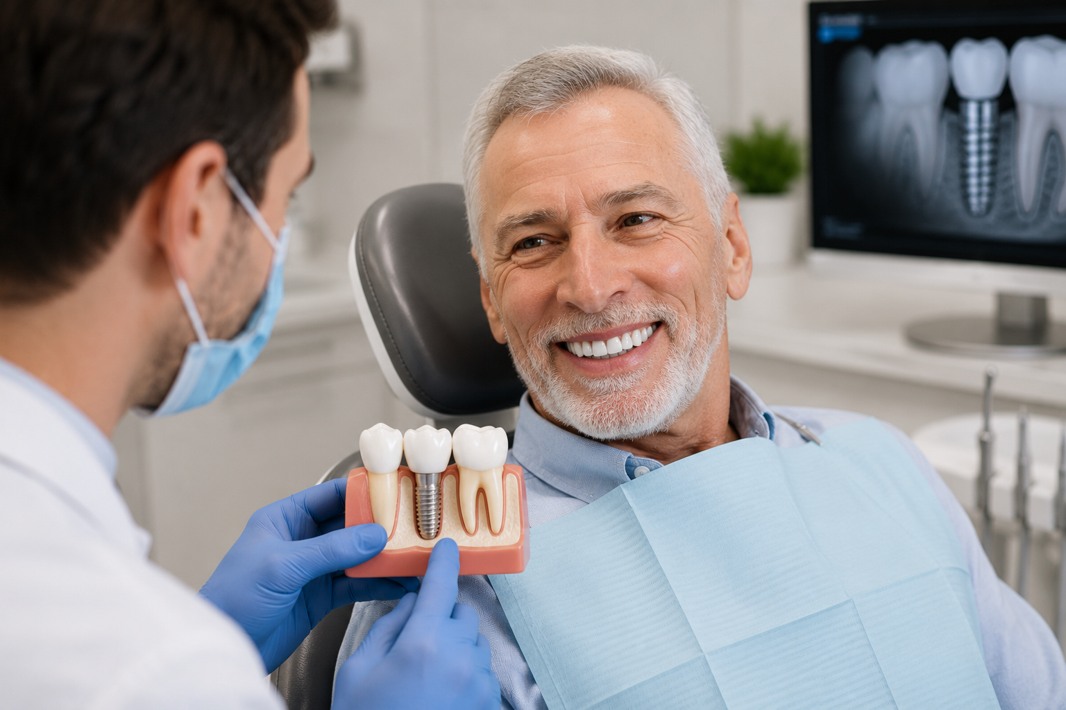Senior patient smiling after All-on-4 dental implants at Keene Family Dentistry
