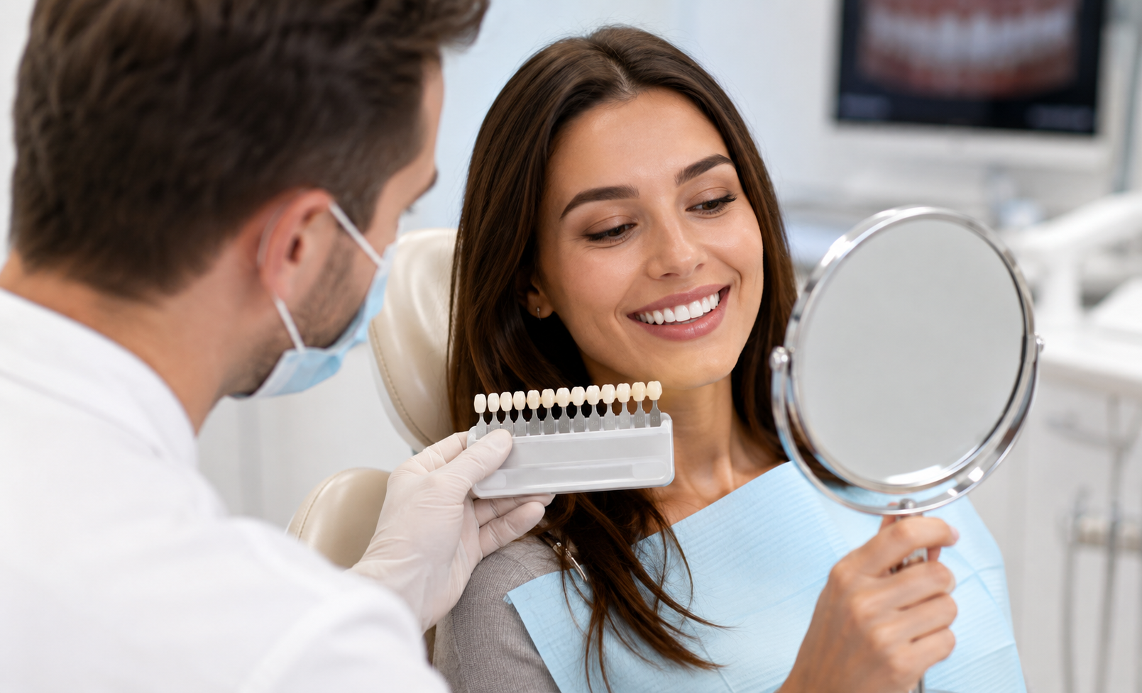 Patient admiring dental veneers at Keene Family Dentistry near Burleson, TX