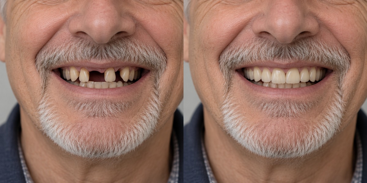 All-on-4 full arch dental implant transformation, before and after illustration