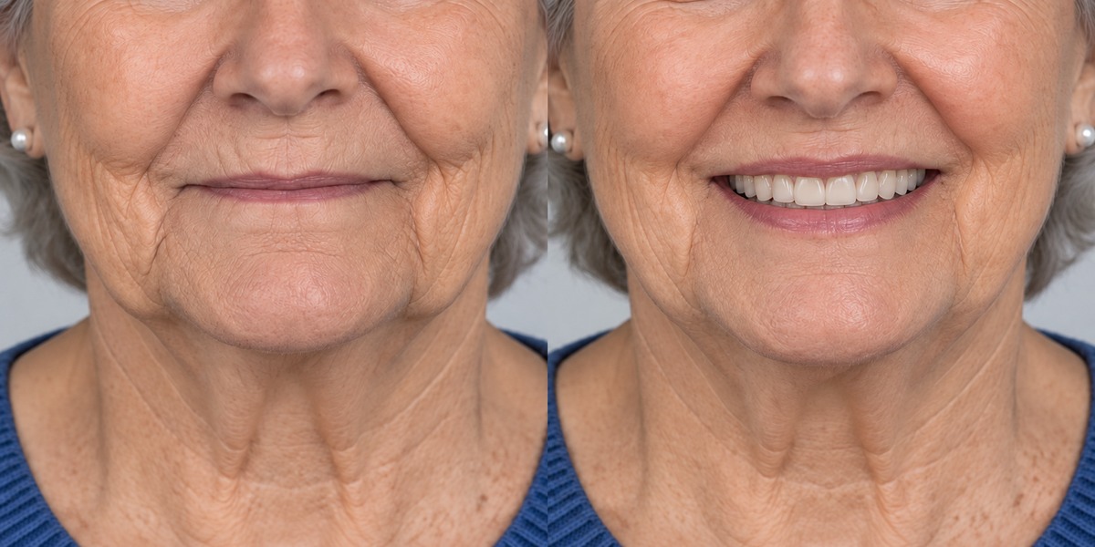 From removable dentures to fixed dental implants, before and after illustration