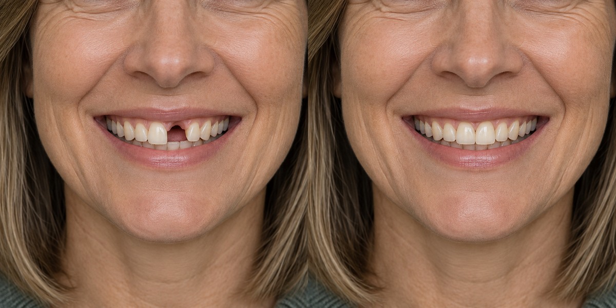 Single front tooth dental implant, before and after illustration